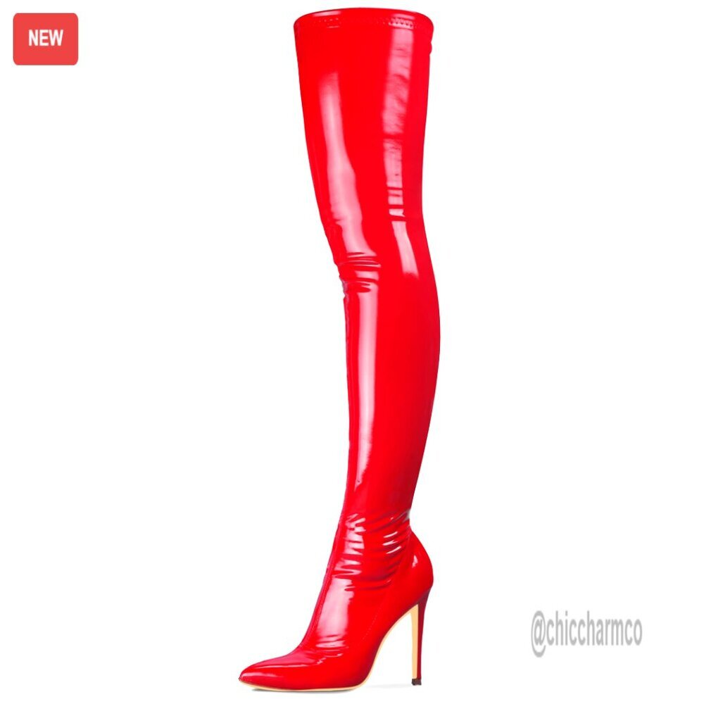 Patent Leather PU Thigh High Boots Pointy Toe Stiletto Heel Side Zipper